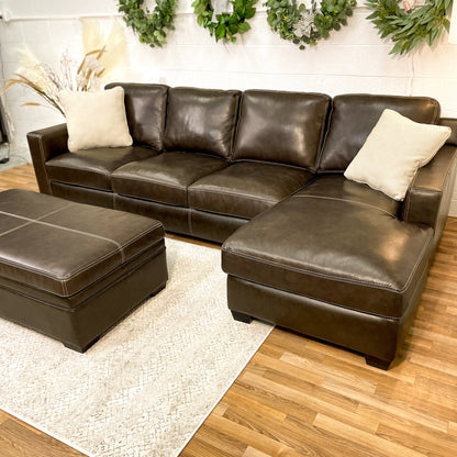 Raymour & Flannigan Real Leather 2pc Sectional with Sleeper, Chaise & Storage Ottoman - Pull Up A Couch