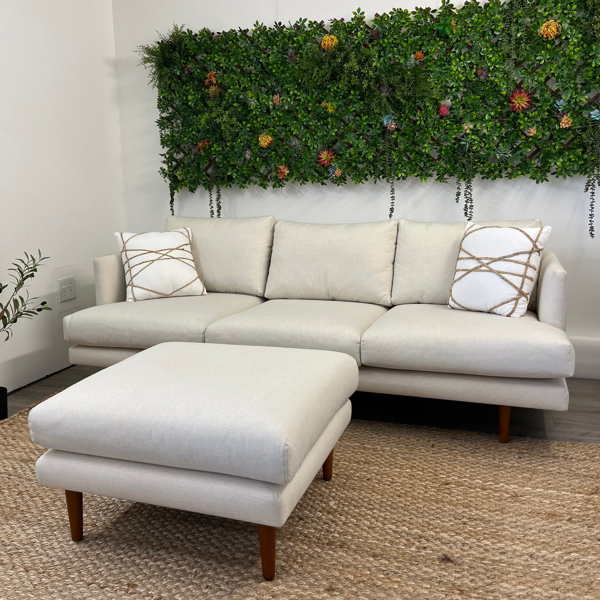 Article MCM sofa with seasalt ivory fabric and matching ottoman, modern living room furniture set with plush cushions and sleek design.