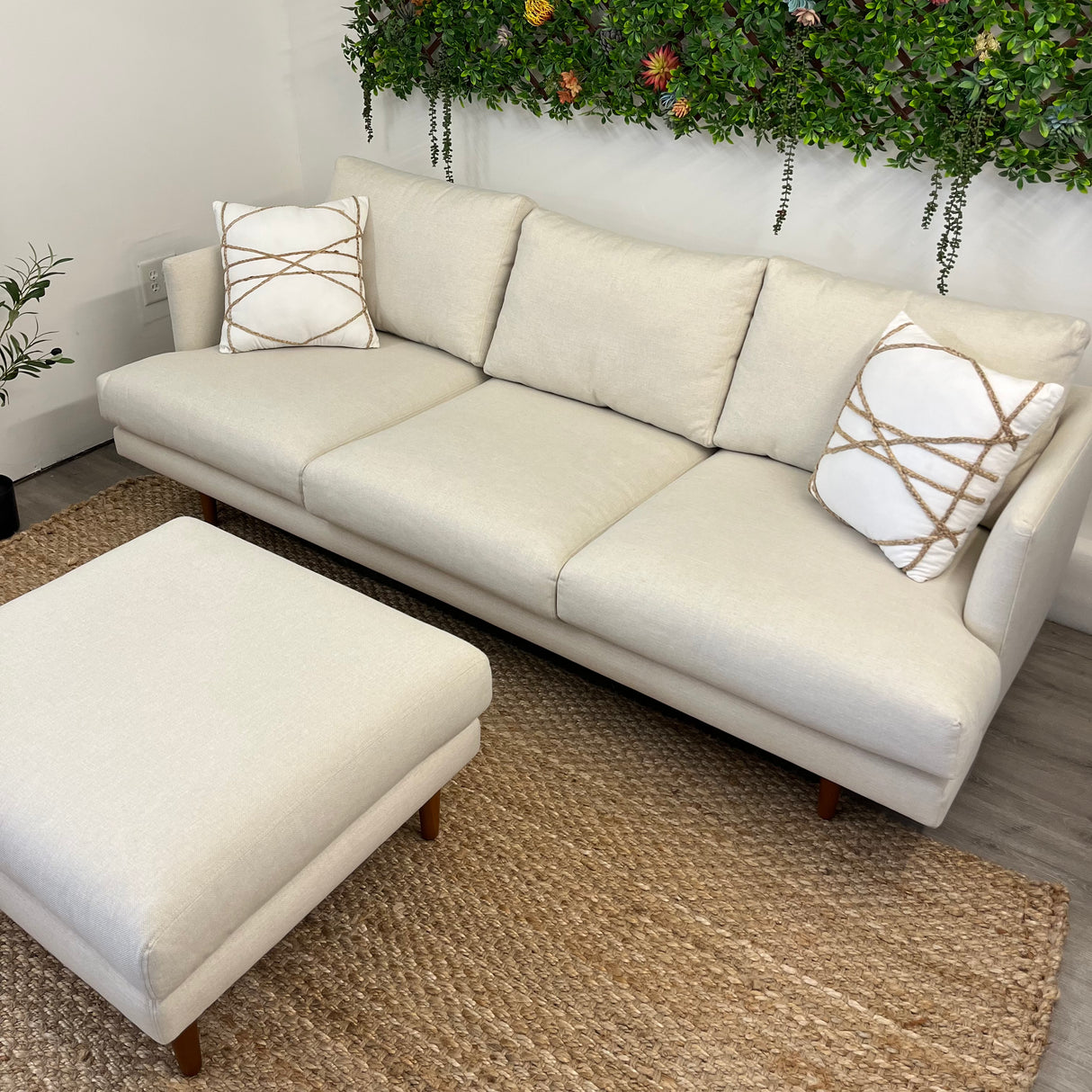 Article MCM sofa and ottoman set in seasalt ivory, featuring plush upholstery and modern design for stylish living room decor.