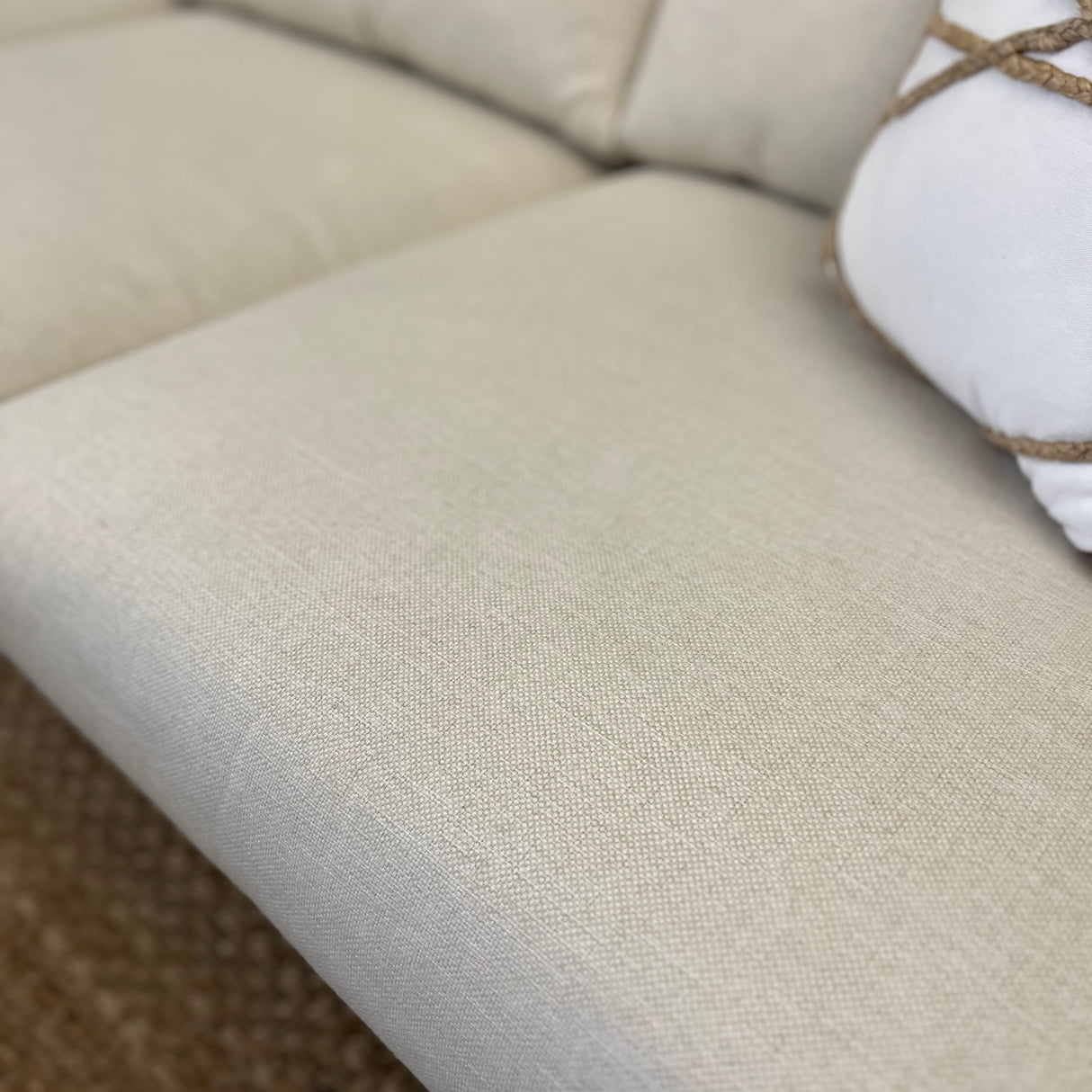Seasalt Ivory MCM sofa and ottoman set by Article, featuring modern design with plush cushions and sleek wooden legs.