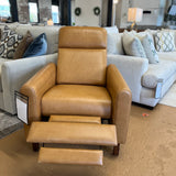 MCM Recliner Chair in Taos Tan Leather by Article, showcasing plush seating with a modern design and sturdy wooden legs.