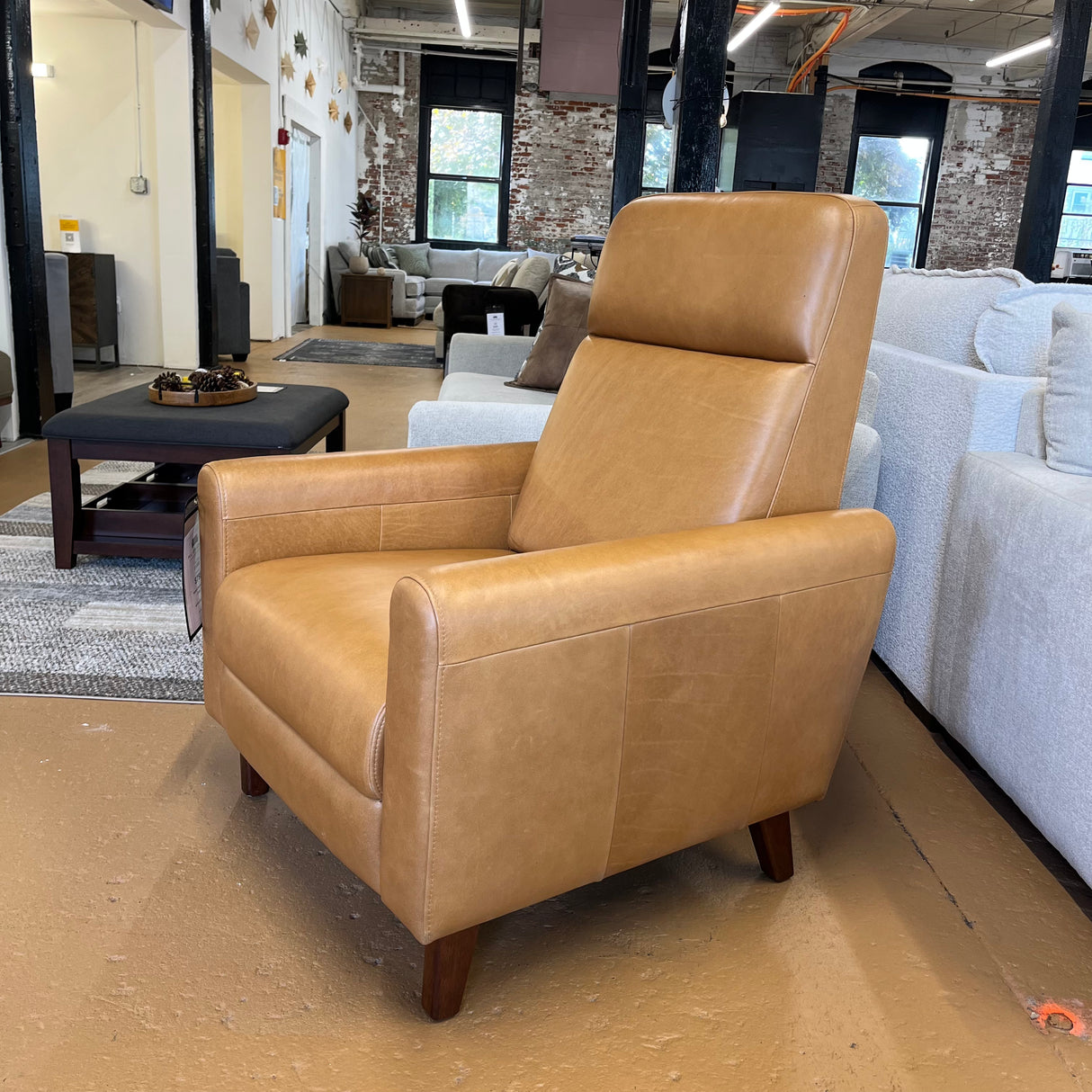 MCM Recliner Chair in Taos Tan Leather by Article, showing the plush, stylish leather chair with a modern design and comfortable seating.