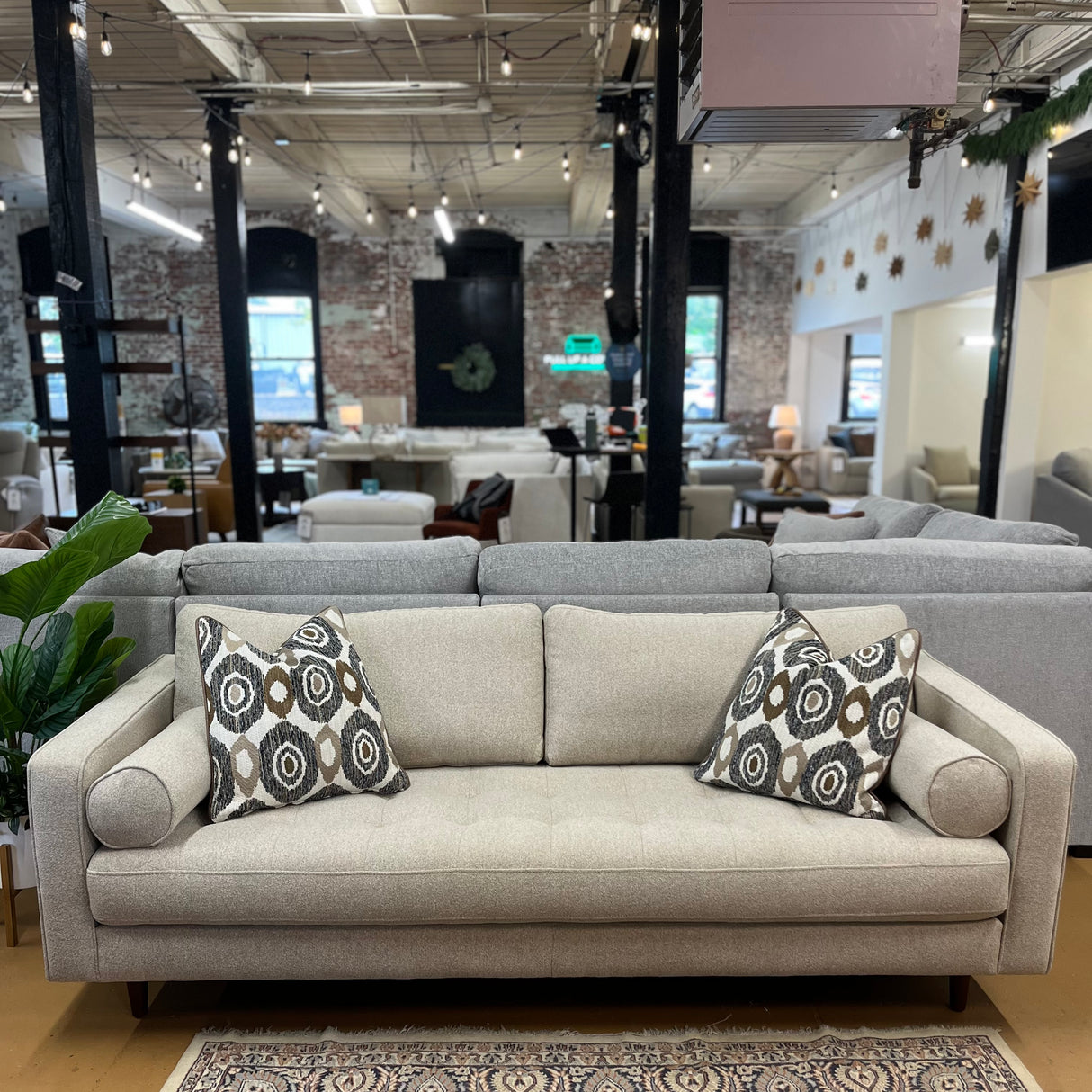 Article Sven sofa with ratine bluff fabric and matching bench cushion, showing a modern living room setup.