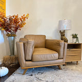 Leather MCM Lounge Chair by Article in Charme Tan leather, featuring a sleek mid-century modern design with plush seating.