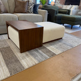 Pull Up A Couch Stafford Ottoman with castor table showing a modern upholstered ottoman with a built-in movable table.