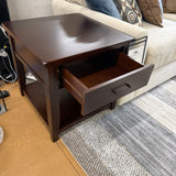 Pull Up A Couch Roseville End Table with wooden top and curved legs, showcasing classic design and natural wood finish.