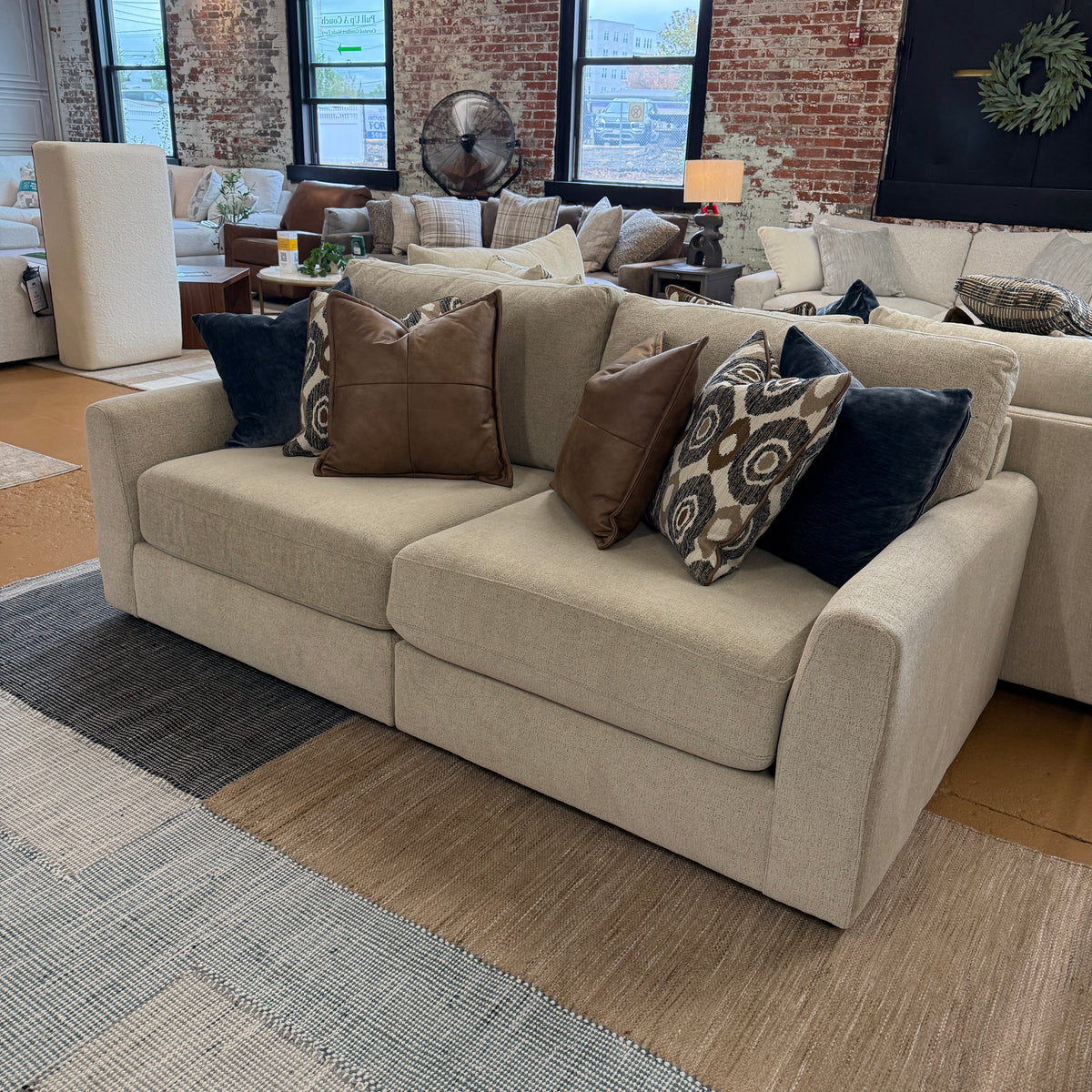 Behold Home Sequoia sectional sofa in neutral fabric, showing a two-piece sofa with plush cushions and modern design.