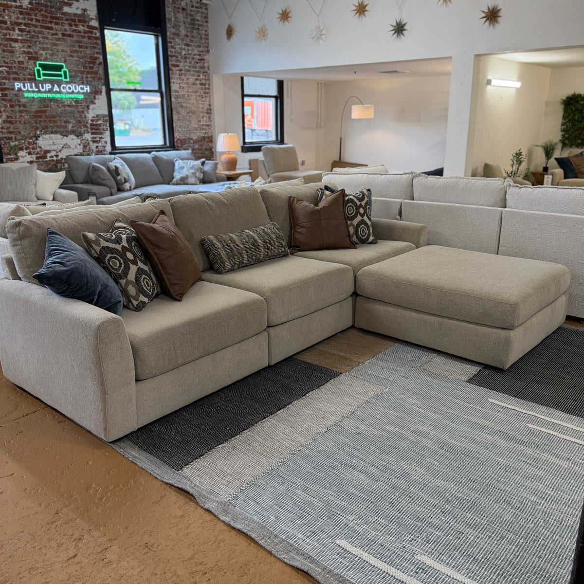 Behold Home Sequoia sectional with chaise and ottoman, modern 3-piece sofa set in neutral fabric, living room furniture.