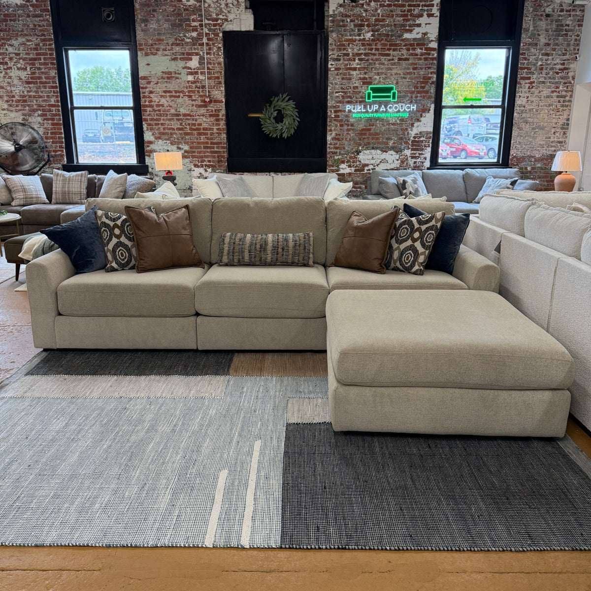 Behold Home Sequoia sectional with chaise, 3-piece sofa set with ottoman, featuring plush cushions and modern design.