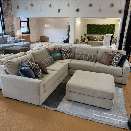 Behold Home Sequoia corner sectional sofa with five pieces, featuring plush cushions and modern design in neutral fabric.