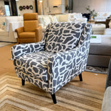 Fusion Barrington accent chair with plush fabric upholstery and wooden legs, showcasing a stylish and comfortable seating option.