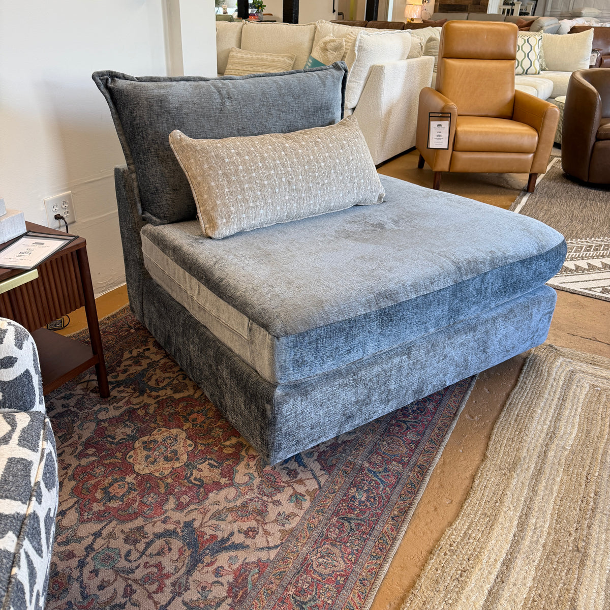 Fusion Barrington armless chaise chair, right-facing with plush upholstery and modern design, ideal for stylish living room seating.