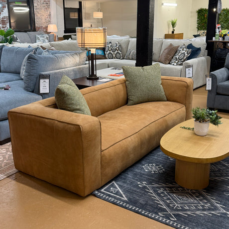 Article Genuine Leather MCM Sofa in rawhide tan upholstery, featuring mid-century modern design and clean lines
