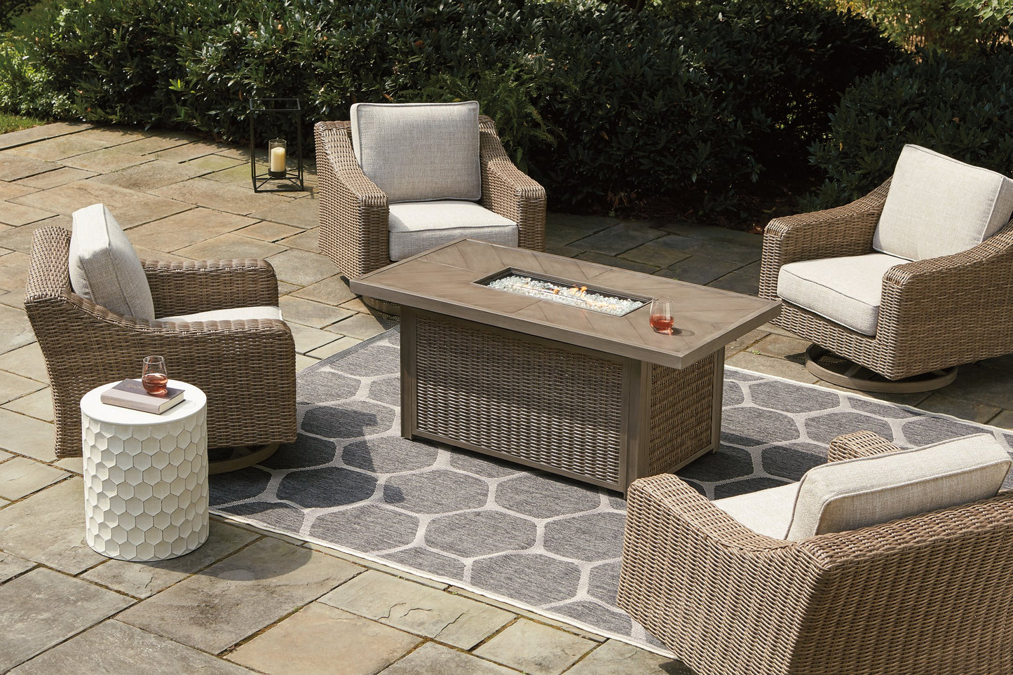 Beachcroft Beachcroft Fire Pit Table with Four Nuvella Swivel Lounge Chairs - Pull Up A Couch