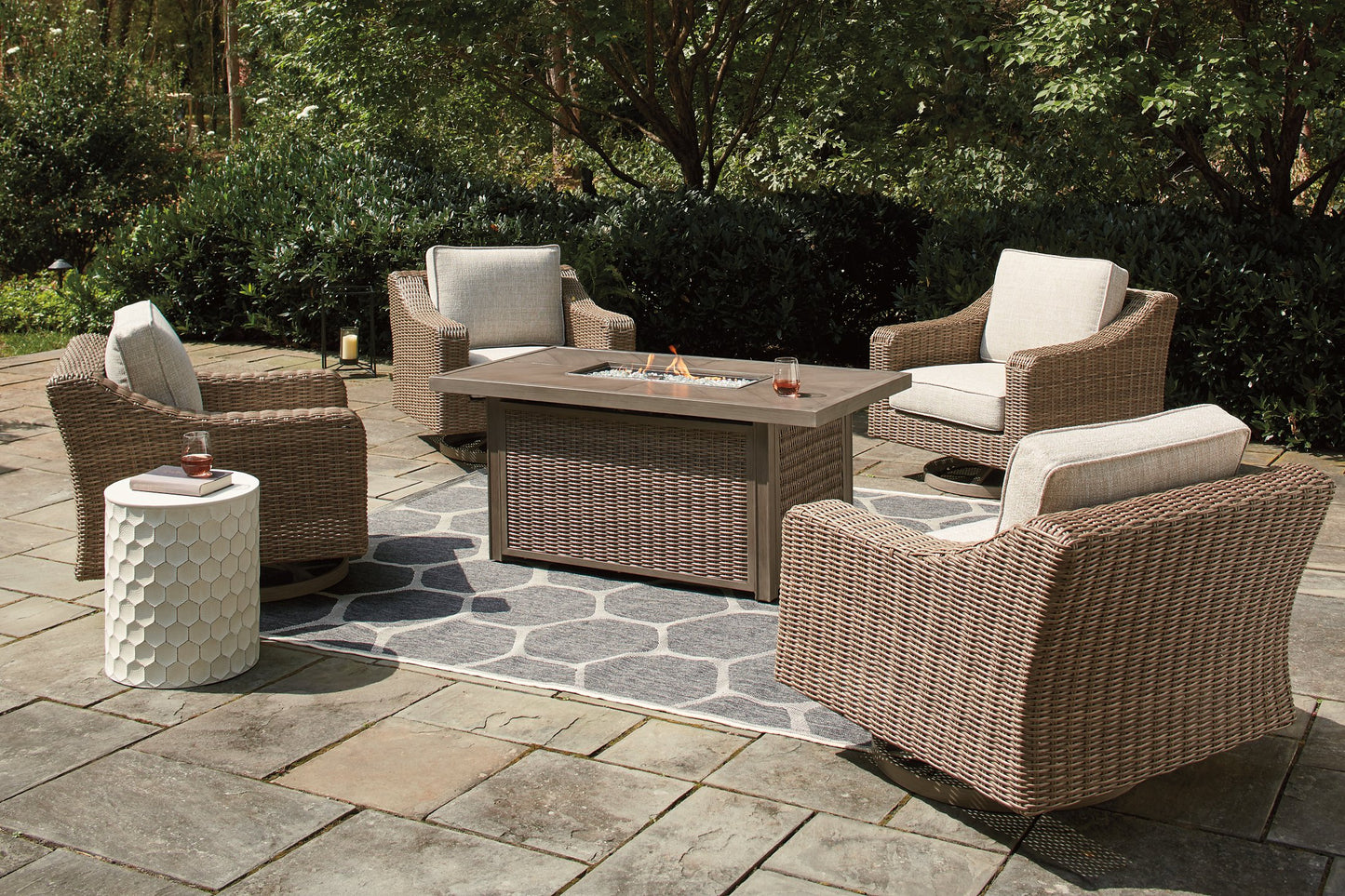 Beachcroft Beachcroft Fire Pit Table with Four Nuvella Swivel Lounge Chairs - Pull Up A Couch