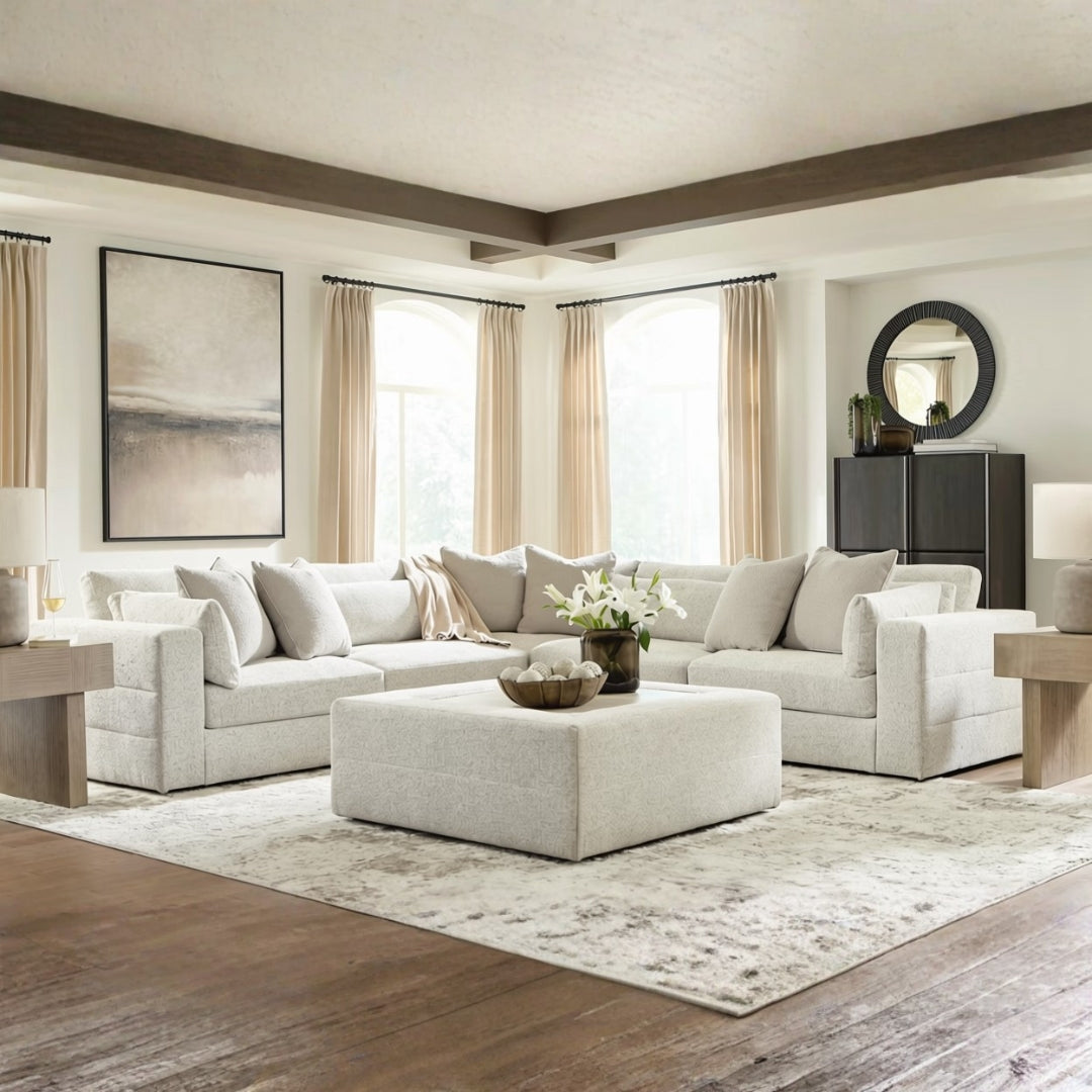 Ashley Furniture Alpine 5-piece corner sectional sofa with plush cushions and modern design, shown in a cozy living room setting.