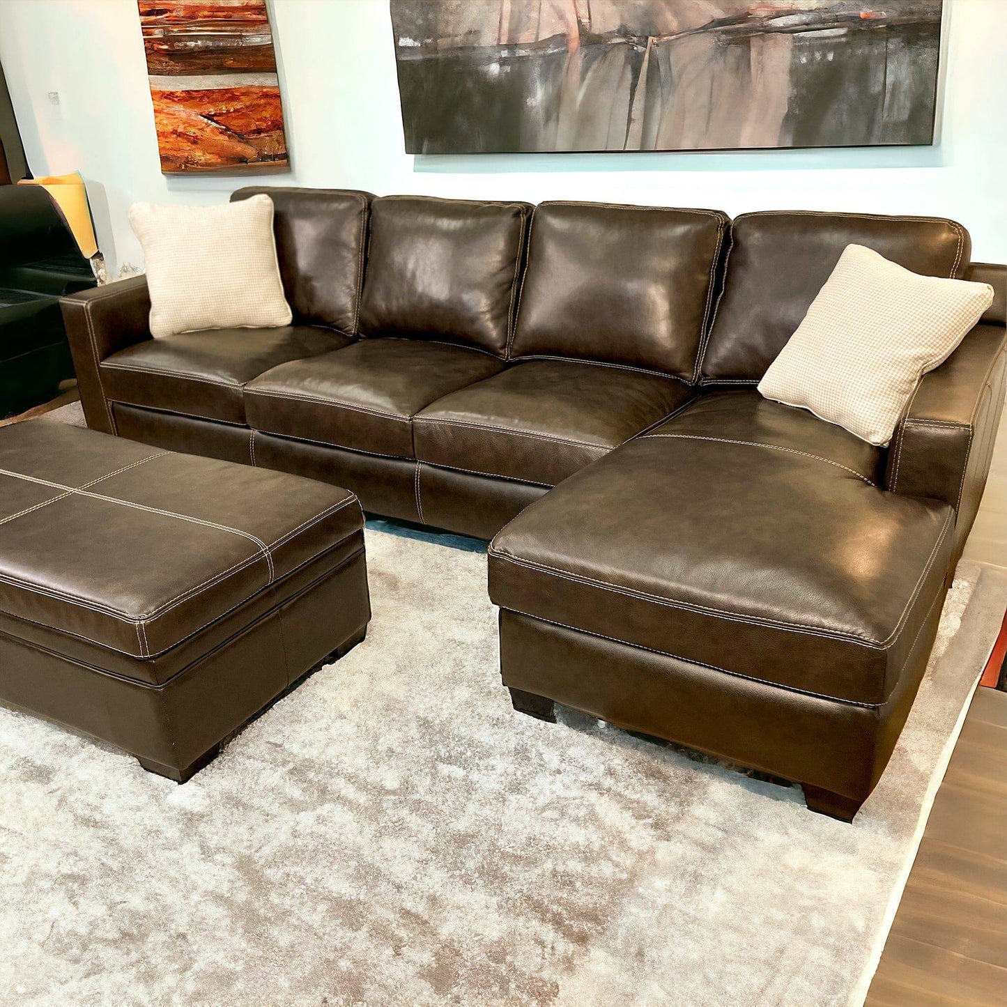 Raymour & Flannigan Real Leather 2pc Sectional with Sleeper, Chaise & Storage Ottoman - Pull Up A Couch