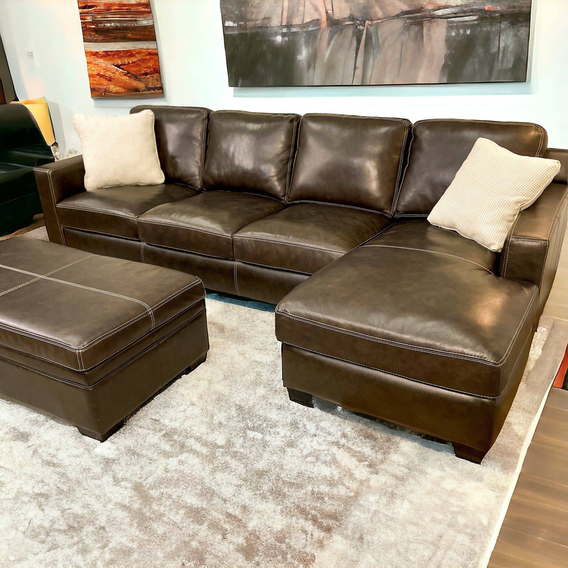 Raymour & Flannigan Real Leather 2pc Sectional with Sleeper, Chaise & Storage Ottoman - Pull Up A Couch