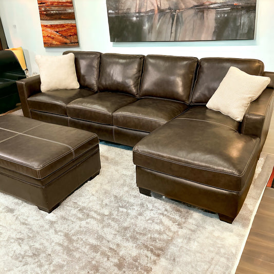 Raymour & Flannigan Real Leather 2pc Sectional with Sleeper, Chaise & Storage Ottoman