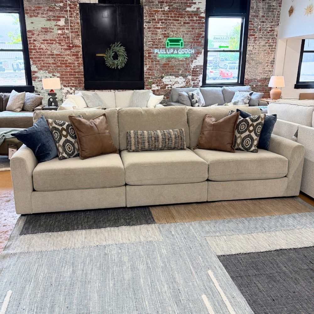 Behold Home Sequoia 3-piece sectional sofa with plush cushions and modern design, shown with dimensions in the image.