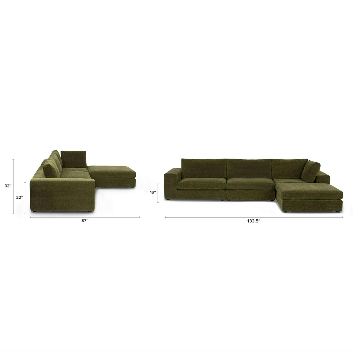 Cypress green 4-piece modular sectional sofa with matching ottoman from Article, featuring plush cushions and modern design.