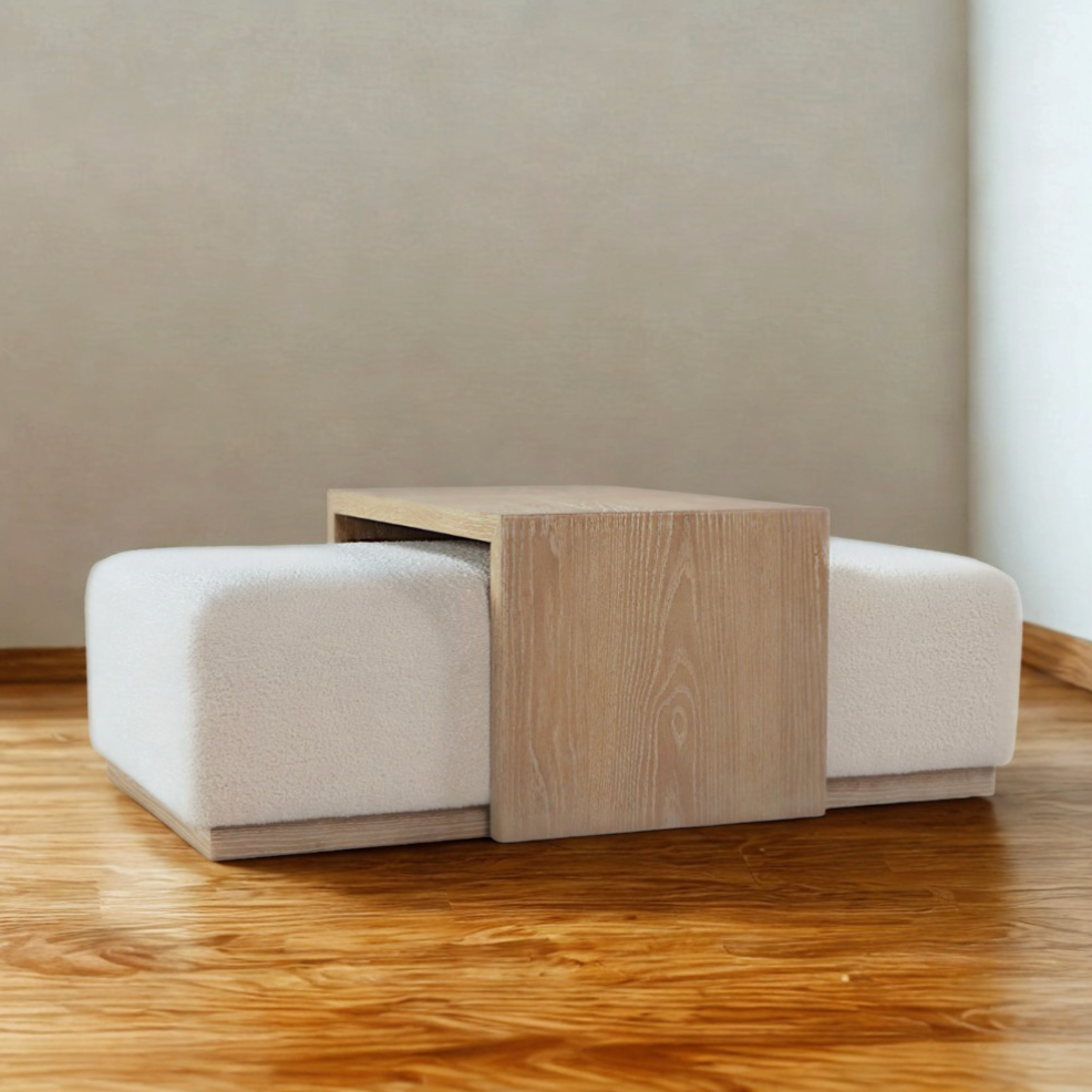 Pull Up A Couch Stafford Ottoman with castered table, featuring a plush upholstered surface and rolling casters for easy mobility.