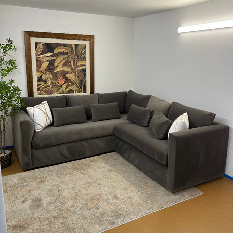 Hale Warm Gray 92-inch velvet corner sectional sofa by Article, featuring plush cushions and a modern design in a living room setting.