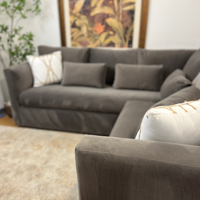 Hale Warm Gray 92-inch velvet corner sectional sofa by Article, featuring plush upholstery and modern design.