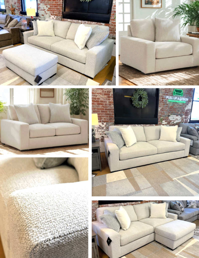 Ashley Furniture Hudson sofa featuring plush cushions, neutral fabric upholstery, and a modern design for comfortable living spaces.
