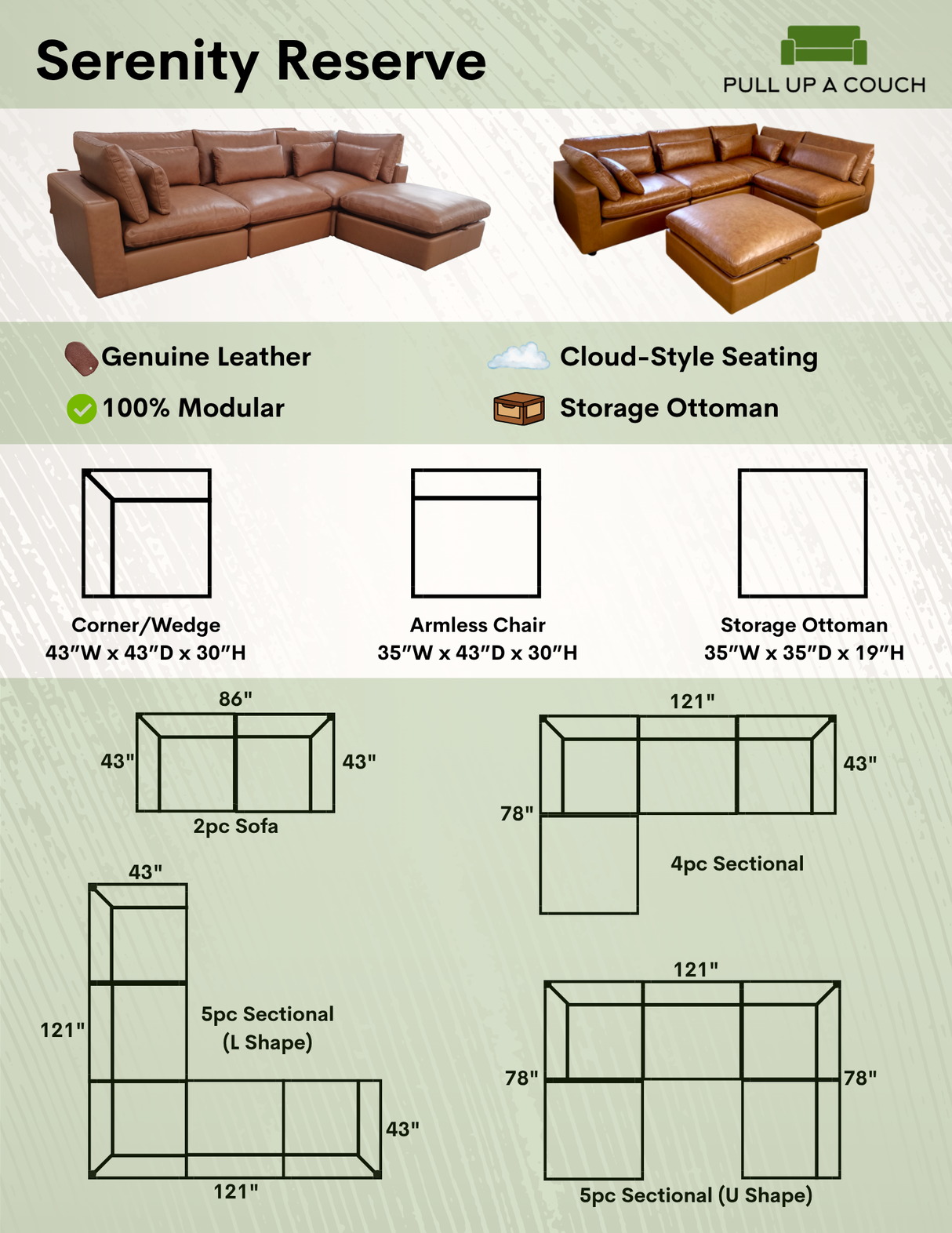Pull Up A Couch Serenity Reserve 5-piece sectional with built-in storage ottoman, featuring plush cushions and modern design.