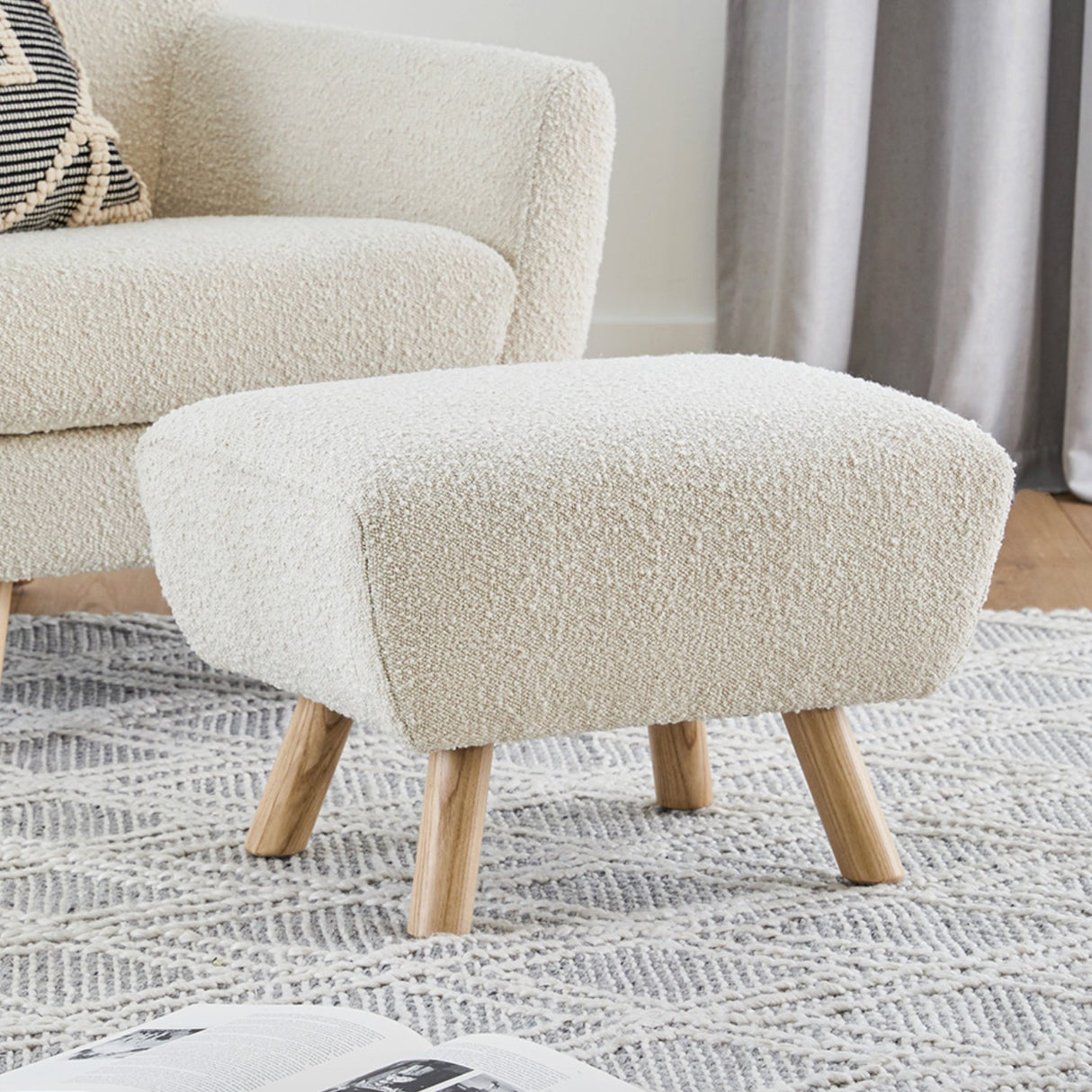 Ivory Bouclé Ottoman w/ Natural Ash Legs