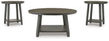 Set of three Ashley Furniture Caitbrook tables featuring wooden tops and tapered legs, ideal for living room or bedroom decor.