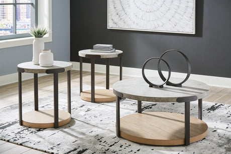 Set of three Darthurst tables by Ashley Furniture, modern wooden side tables with sleek design and natural wood finish.