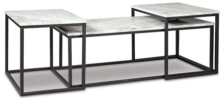 Set of three Donnesta tables by Ashley Furniture with modern wood finishes, displayed together in a stylish living room setting.
