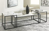 Set of three Donnesta tables by Ashley Furniture, featuring modern wooden design with sleek tabletops and sturdy legs.