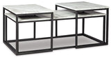 Set of three Donnesta tables by Ashley Furniture, featuring modern wooden tops and sturdy metal legs for versatile living space decor.
