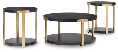 Set of three Shylore tables by Ashley Furniture, angled view showcasing modern wooden design and compact size.