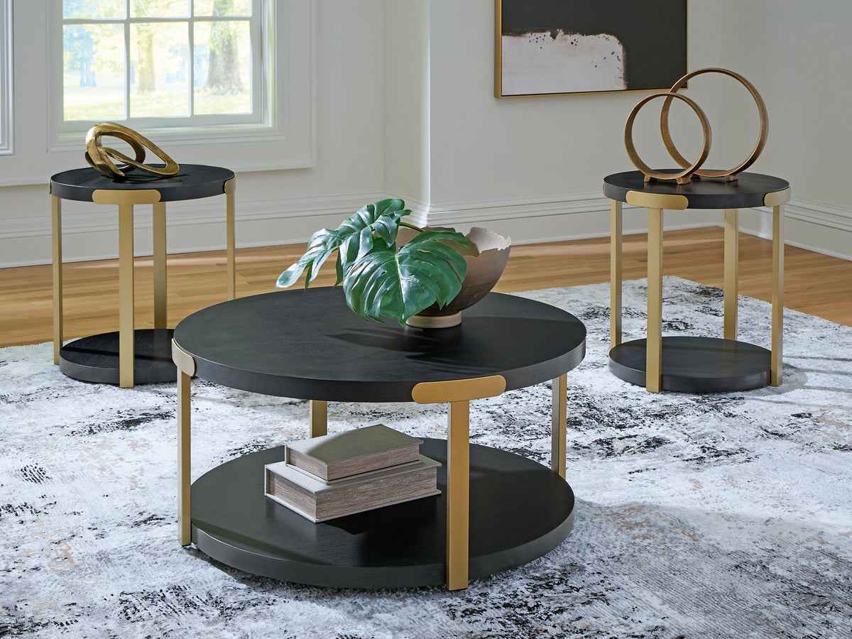 Set of three Shylore tables by Ashley Furniture, featuring modern wooden design with sleek tabletops and sturdy legs.