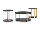 Set of three Shylore tables by Ashley Furniture, angled view showcasing modern wood design and varying sizes.