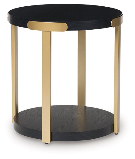 Set of three Ashley Furniture Shylore tables, featuring modern end table design with wooden finish and sleek angles.