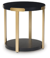 Set of three Ashley Furniture Shylore tables, featuring modern end table design with wooden finish and sleek angles.