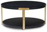 Set of three Ashley Furniture Shylore tables featuring modern wood design, shown in a natural wood finish with sleek tabletops.