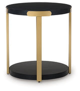 Set of three Ashley Furniture Shylore tables with sleek wood finishes, featuring end table designs shown from a head-on angle.