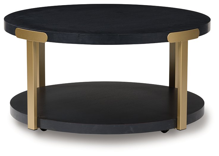Set of three Shylore side tables by Ashley Furniture, featuring modern design with wooden tops and black metal legs.