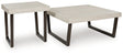 Set of two Ashley Furniture Westenfort tables from the 3-pack, featuring wooden tops and sturdy metal legs.
