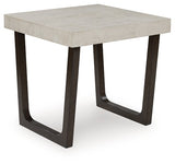 Set of two Ashley Furniture Westenfort side tables with angled wood ends, part of the 3-pack collection, shown from a side angle.