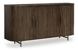 Ashley Furniture Amickly accent cabinet with wooden finish, featuring storage drawers and decorative hardware.