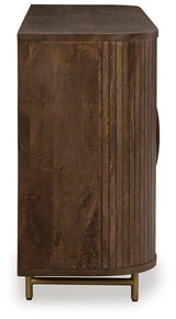 Ashley Furniture Amickly accent cabinet with wood finish and sleek design, featuring storage drawers and elegant hardware.