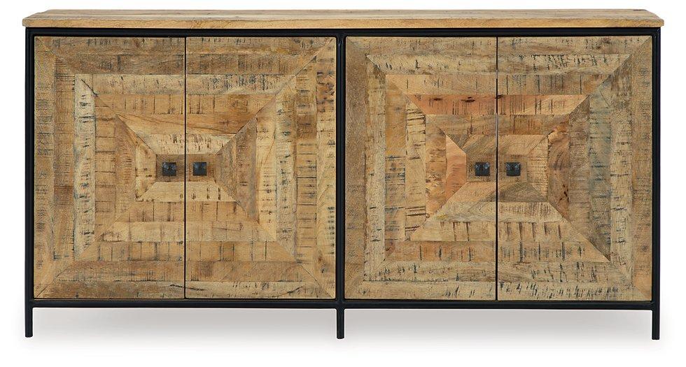 Ashley Furniture Camney Accent Cabinet with wood finish and storage drawers, modern design for living room decor