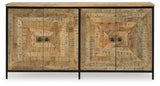 Ashley Furniture Camney Accent Cabinet with wood finish and storage drawers, modern design for living room decor